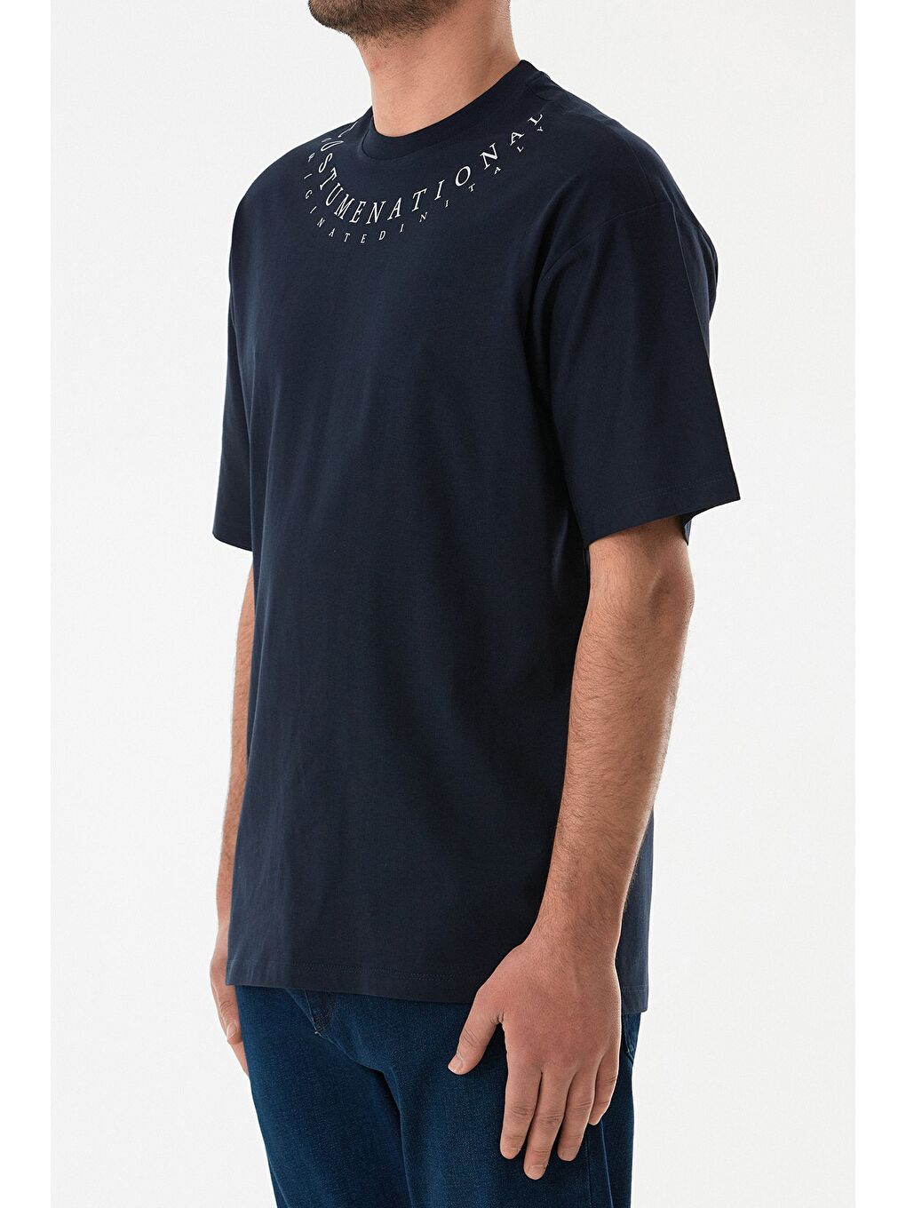 Lacivert Yazı Baskılı Oversize Tişört-4