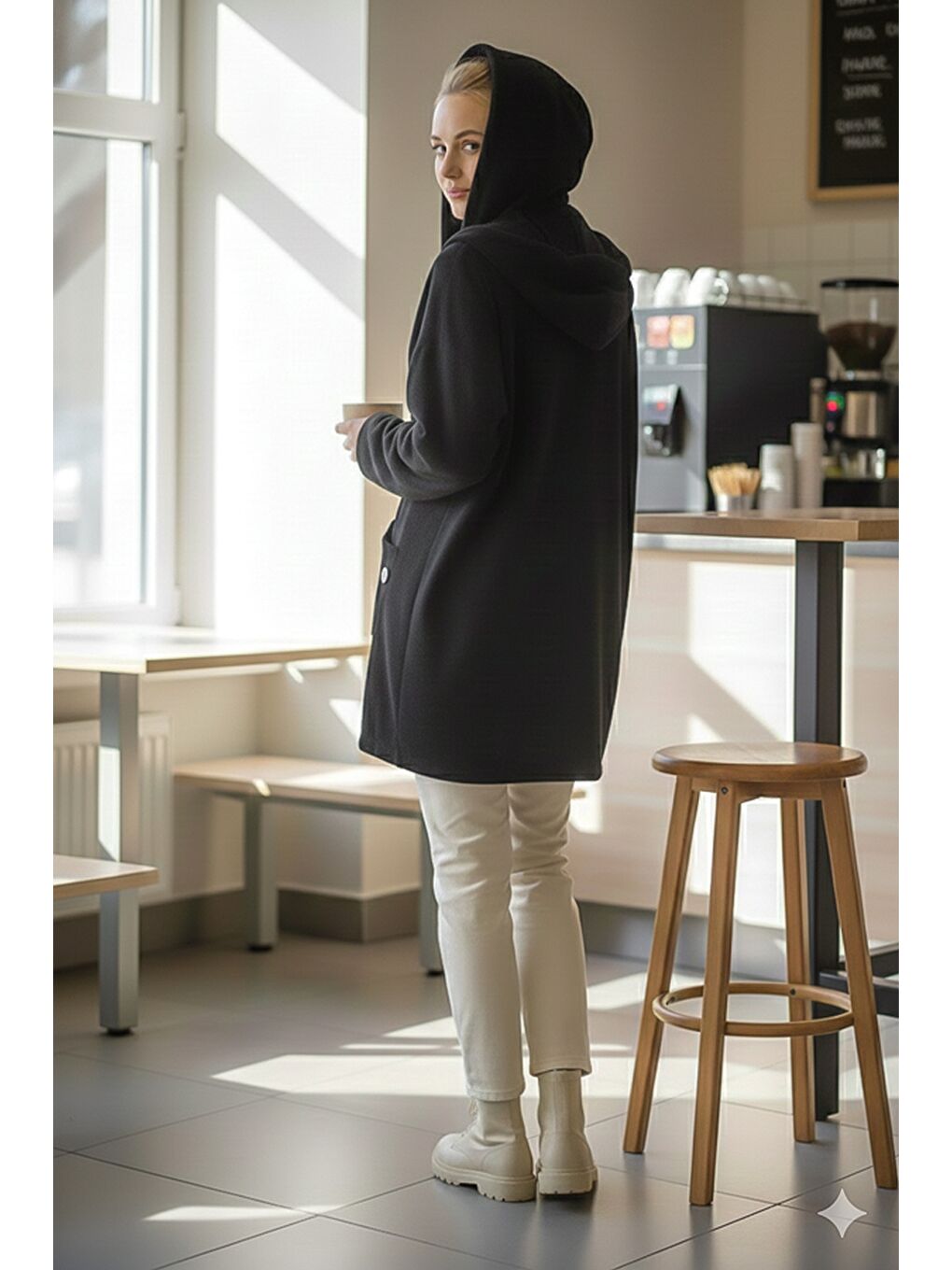 İtalyan Siyah Kapüşonlu Uzun Kol Fermuarlı Cepli Casual Kadife Oversize Dokuma Ceket 0 0-4