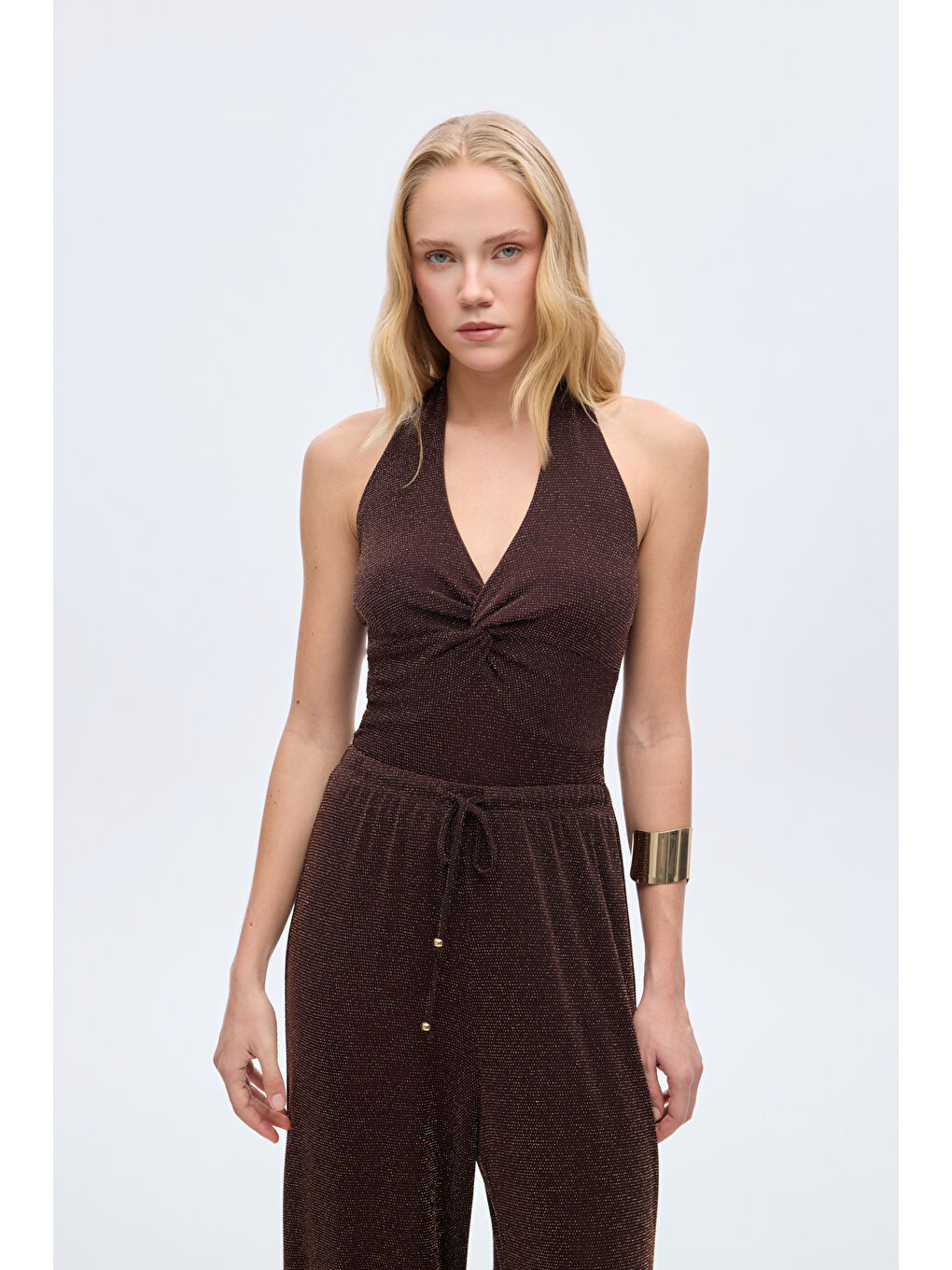 Simli Drape Düğümlü Bodysuit Kahverengi-1