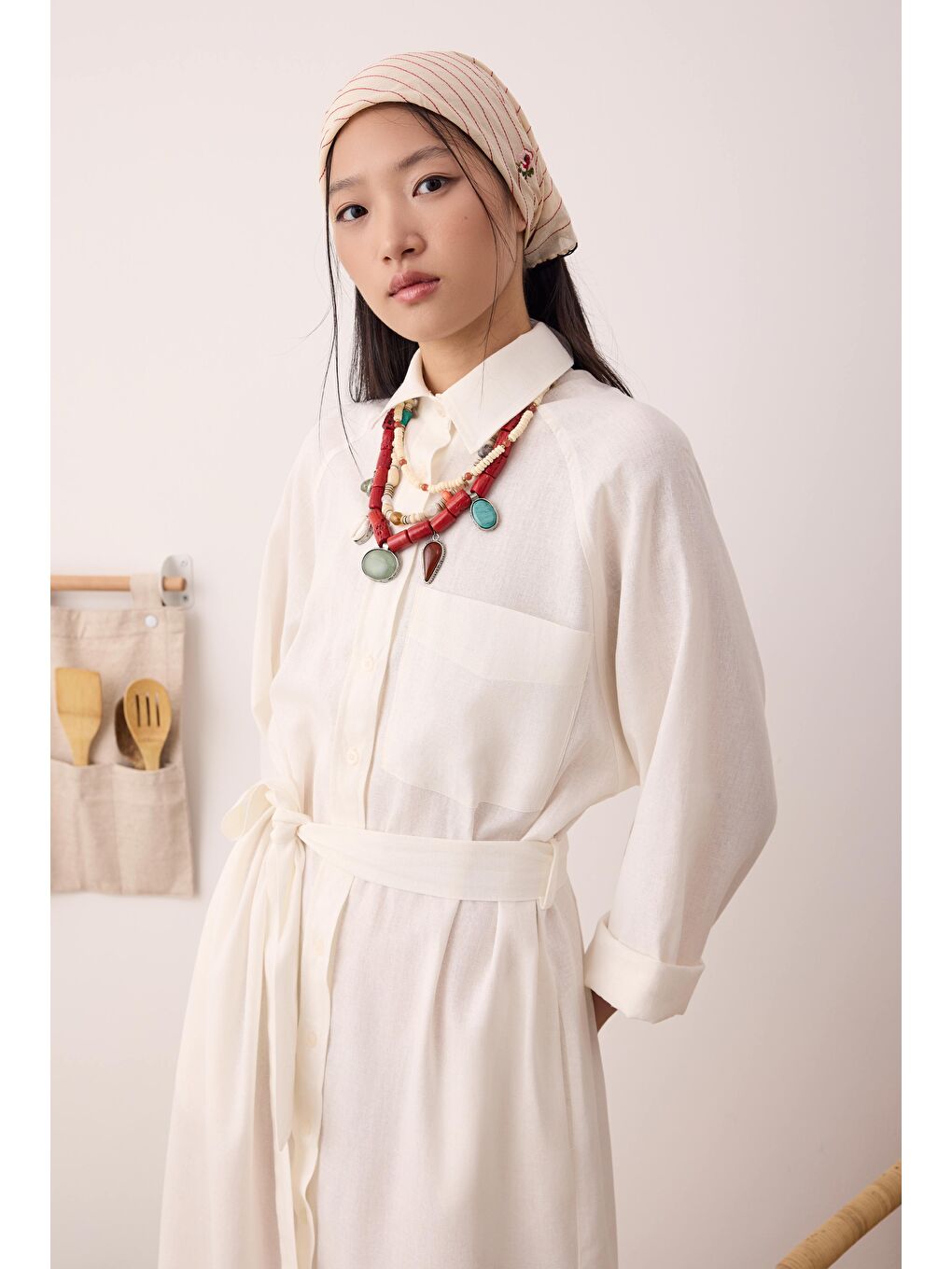 Reglan Kol Keten Elbise Ekru-1