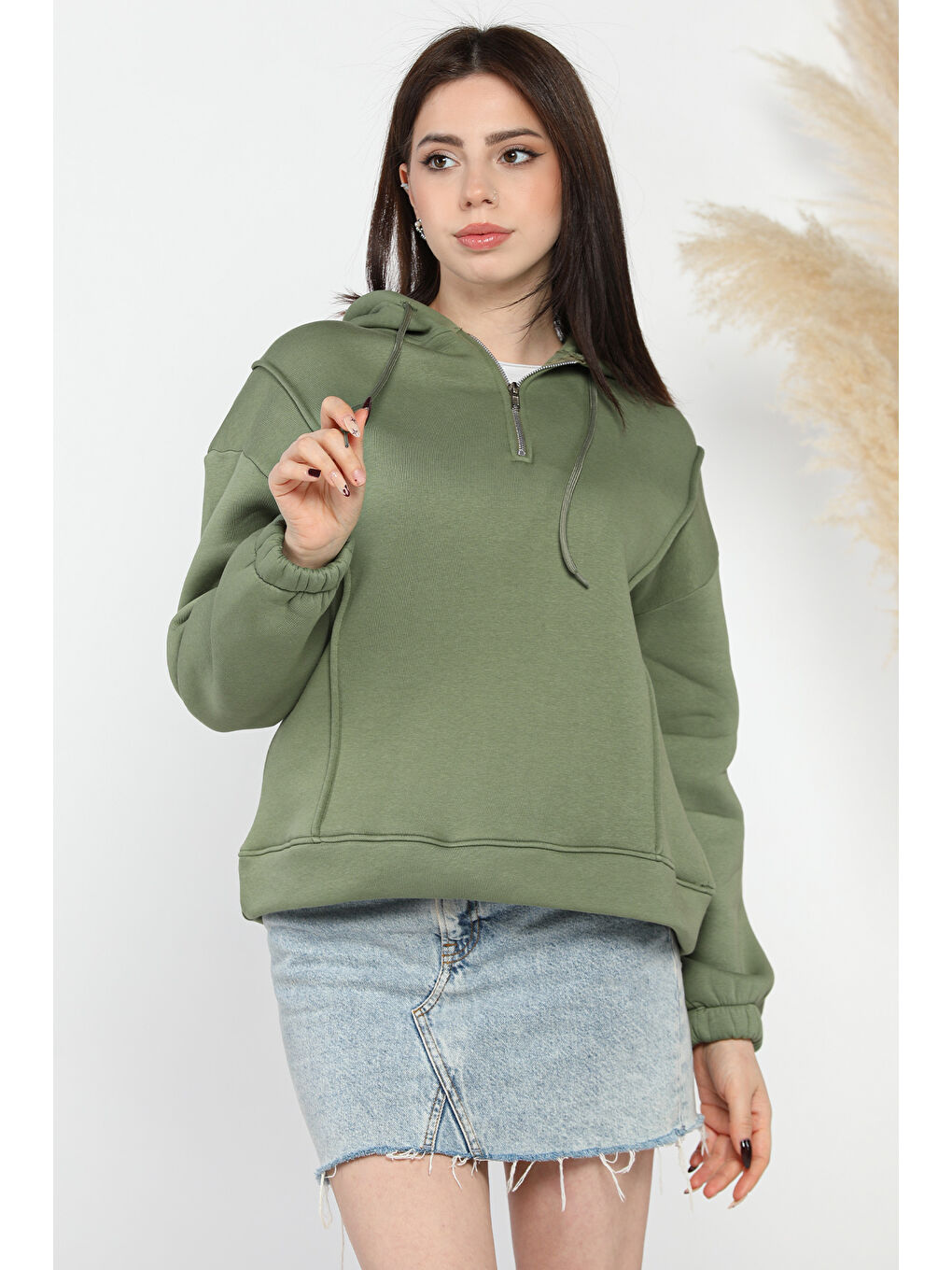 Haki Yarım Fermuarlı Üç İplik Şardonlu Kadın Sweatshirt-1