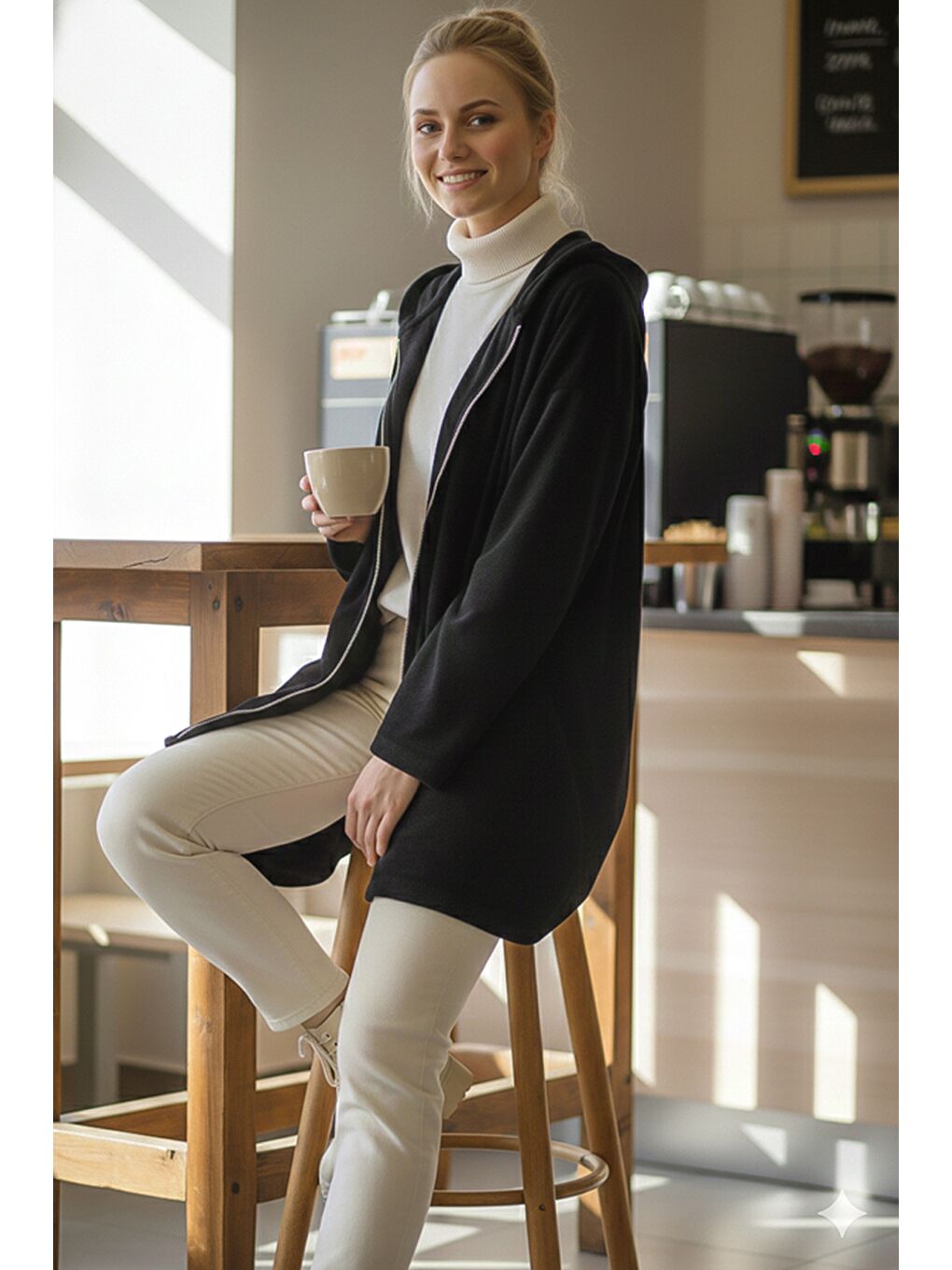 İtalyan Siyah Kapüşonlu Uzun Kol Fermuarlı Cepli Casual Kadife Oversize Dokuma Ceket 0 0-5