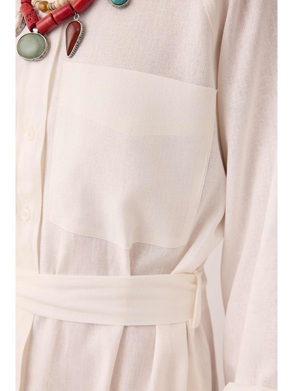 Reglan Kol Keten Elbise Ekru-2