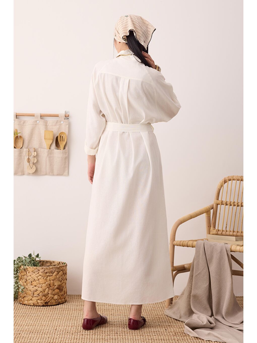 Reglan Kol Keten Elbise Ekru-3