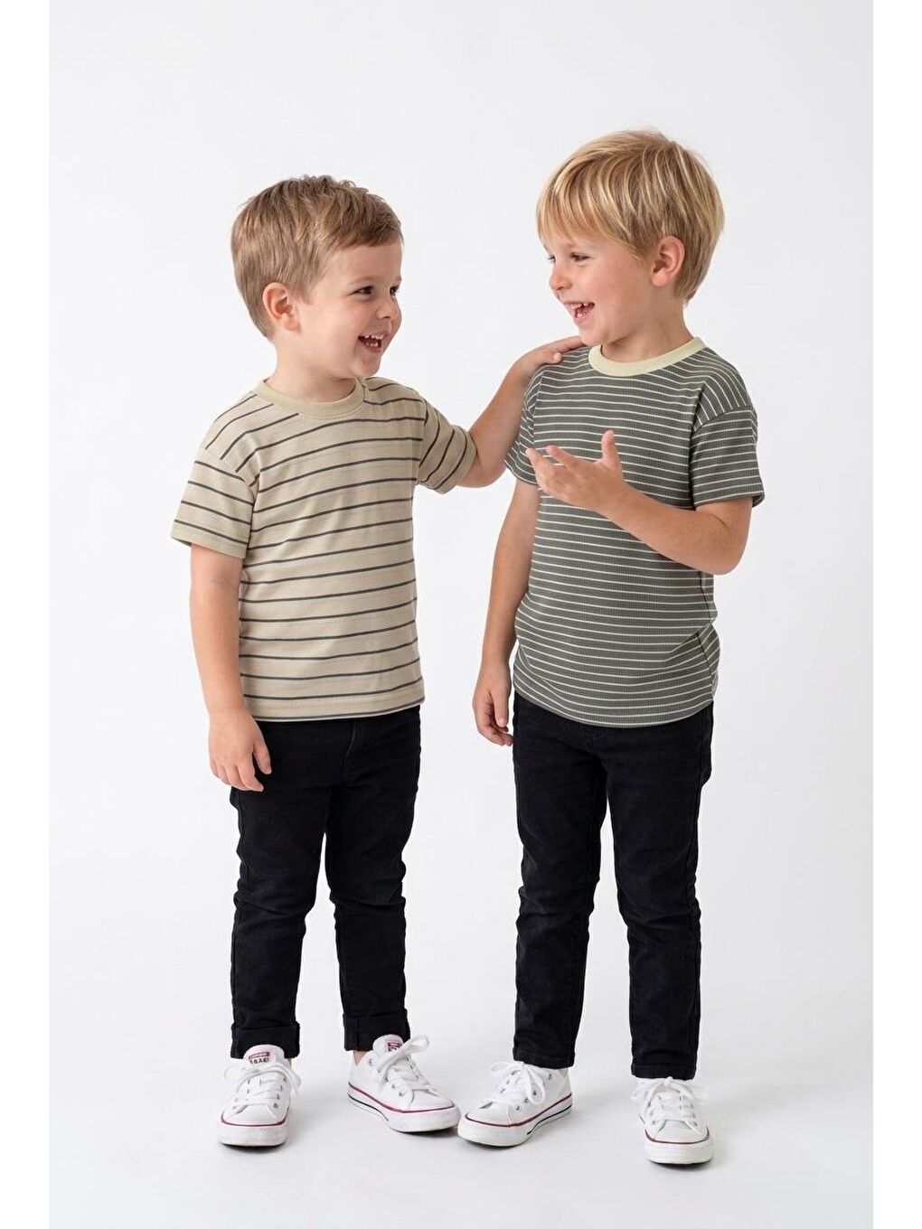 Bej Elastanlı Kabartma Çizgili 2li Tişört Paket