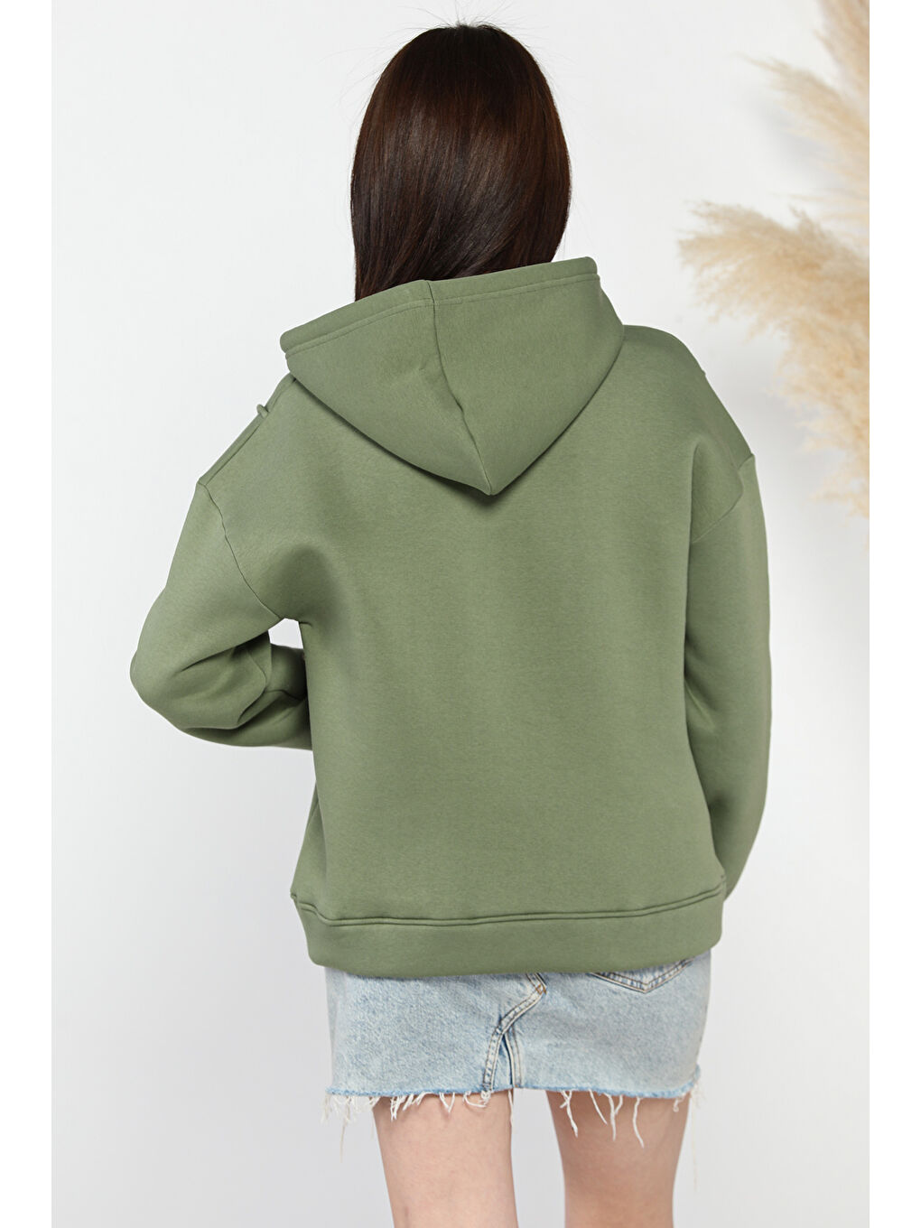 Haki Yarım Fermuarlı Üç İplik Şardonlu Kadın Sweatshirt-2