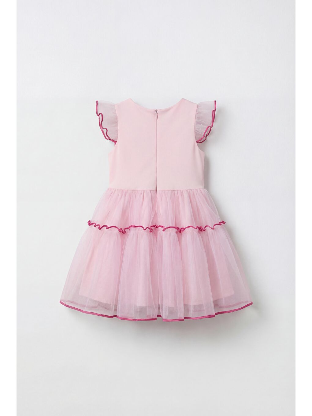 Kız Çocuk Pamuklu Pembe Tül Detaylı Fırfırlı Elbise-1