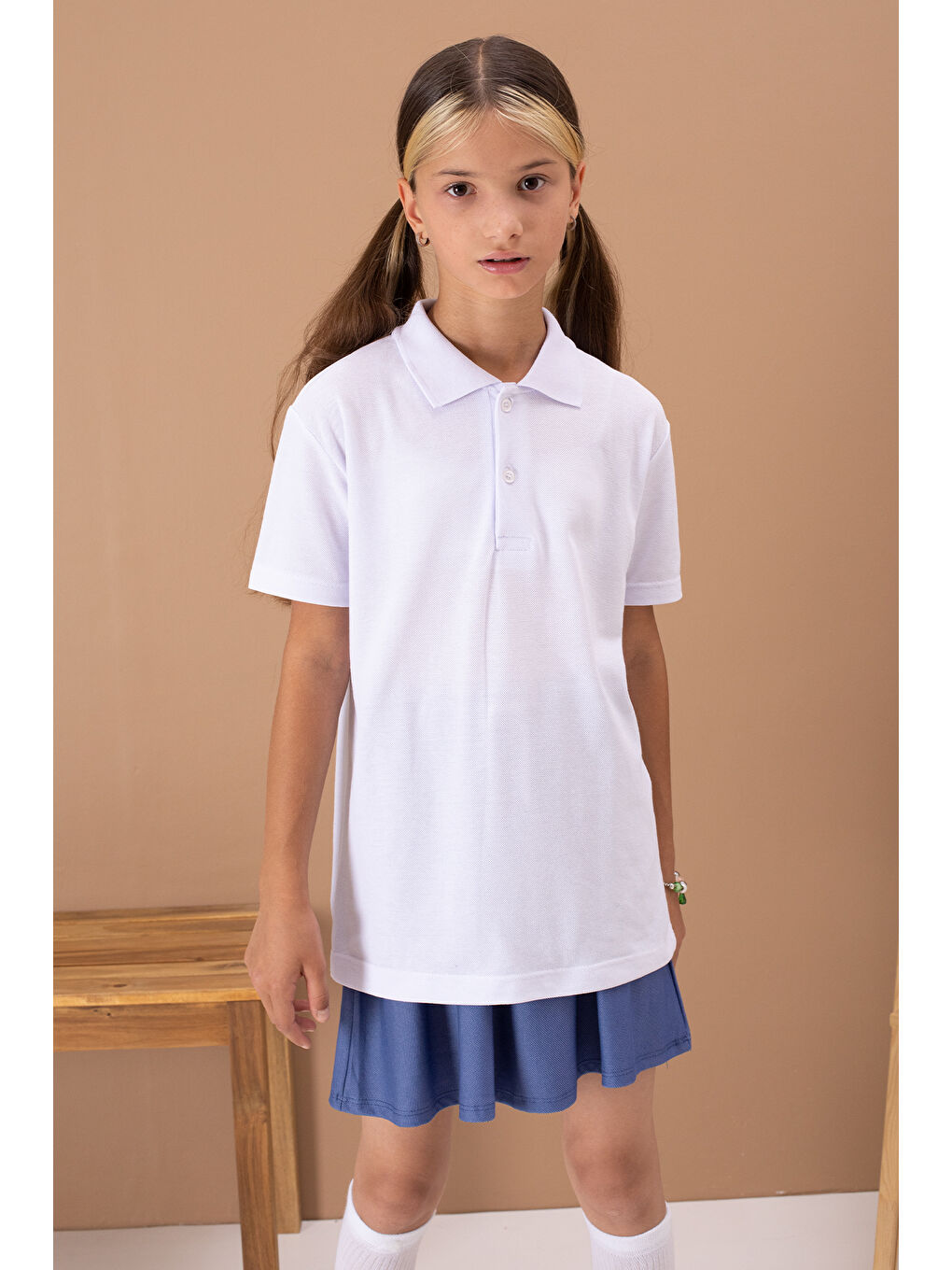 Beyaz Kız Çocuk Polo Yaka Kısa Kollu Okul Tişörtü 21411-2