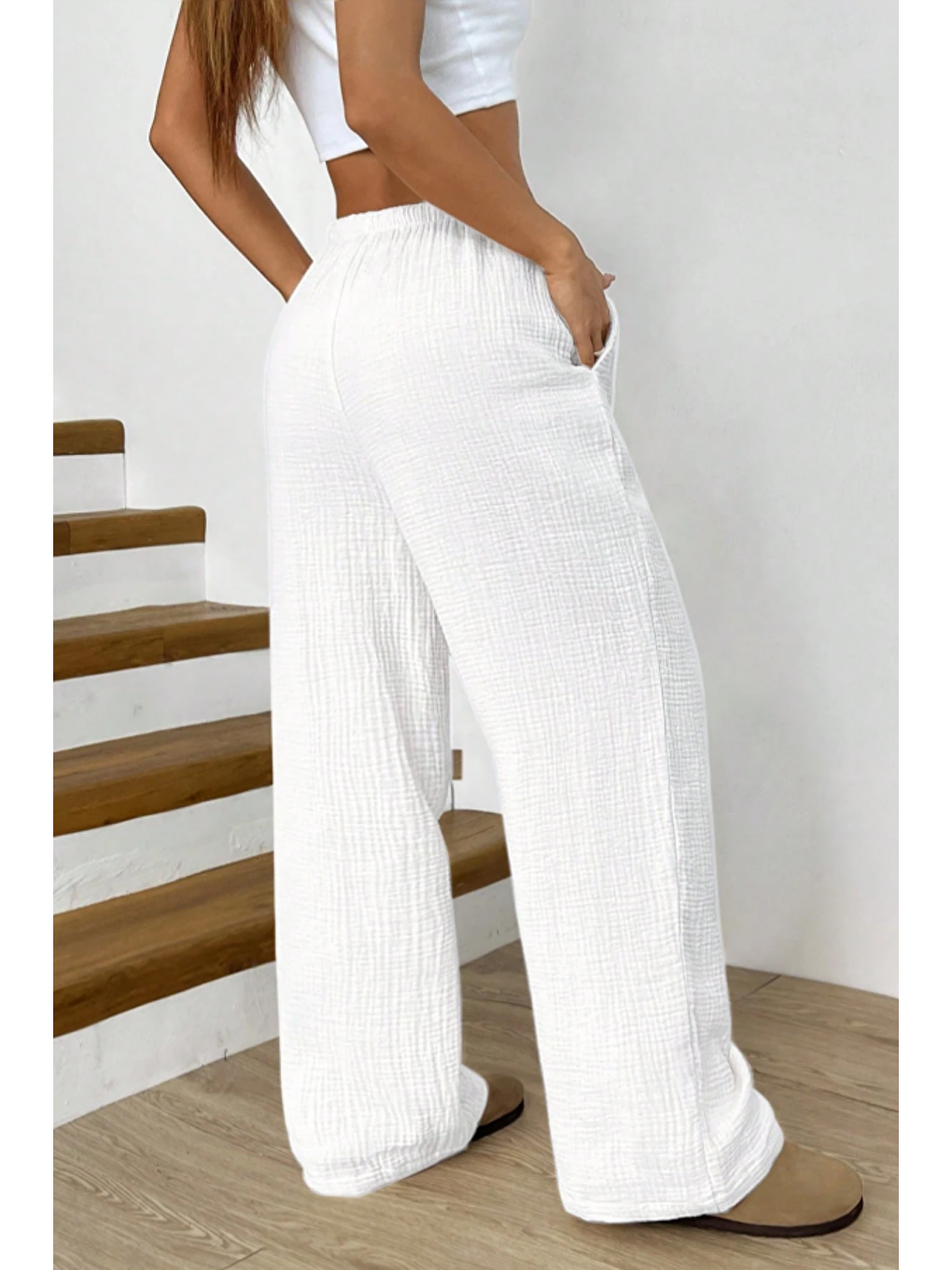 Beyaz Bol Paça Müslin Kadın Pantolon-5