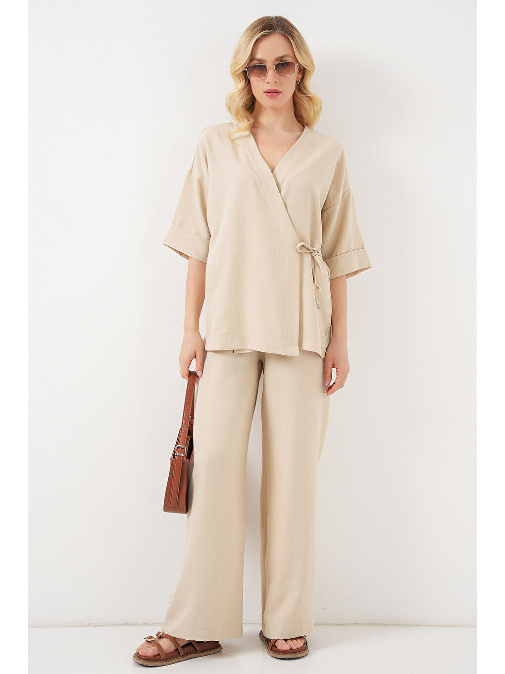 Kadın Önü Bağlamalı Alt Üst Takım 6745 - Bej