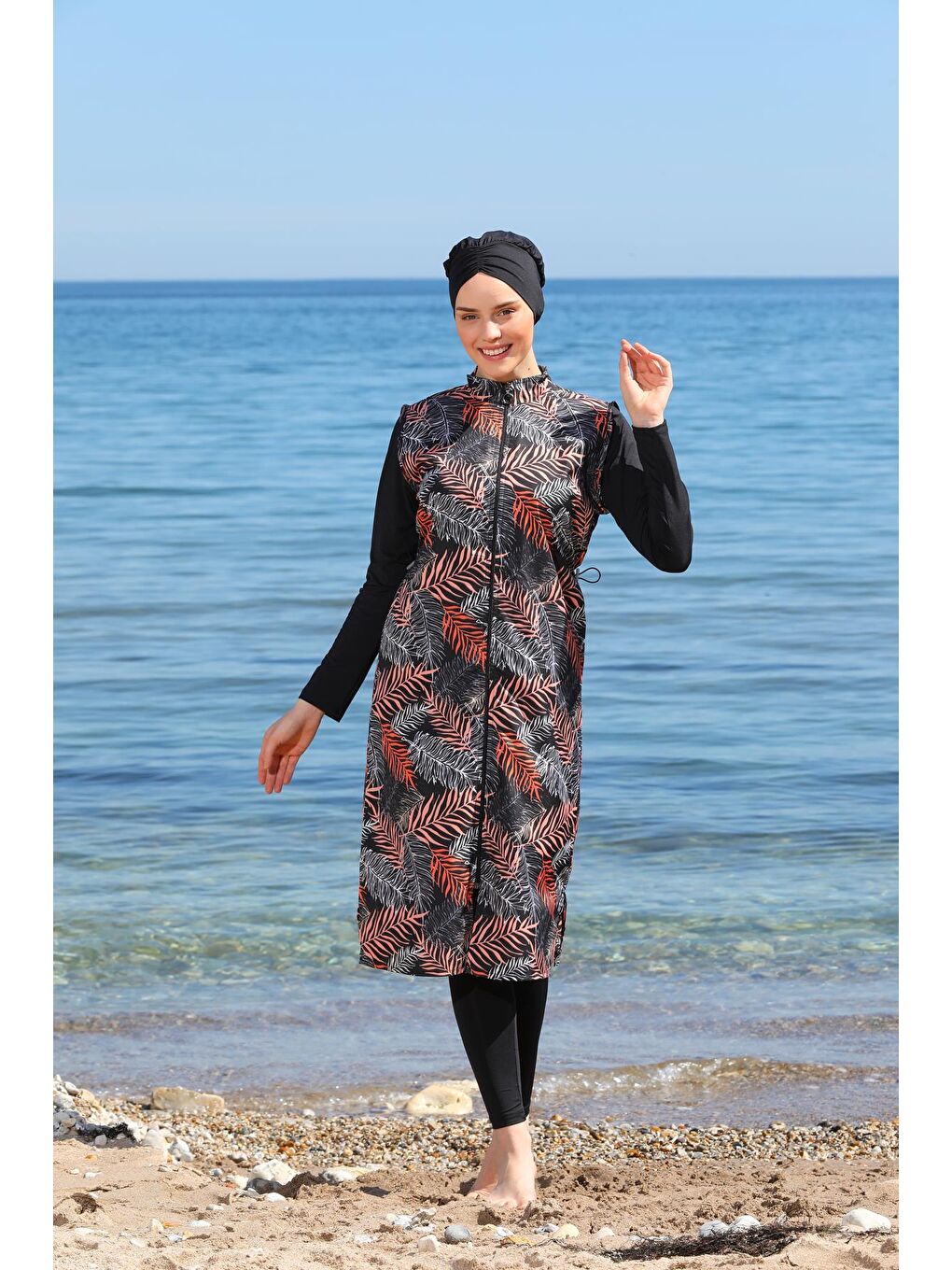 Siyah Dijital Baskılı Uzun Jile Model Kapalı Tesettür Mayo 3476-1