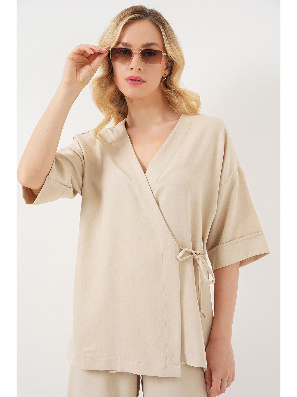 Kadın Önü Bağlamalı Alt Üst Takım 6745 - Bej-1