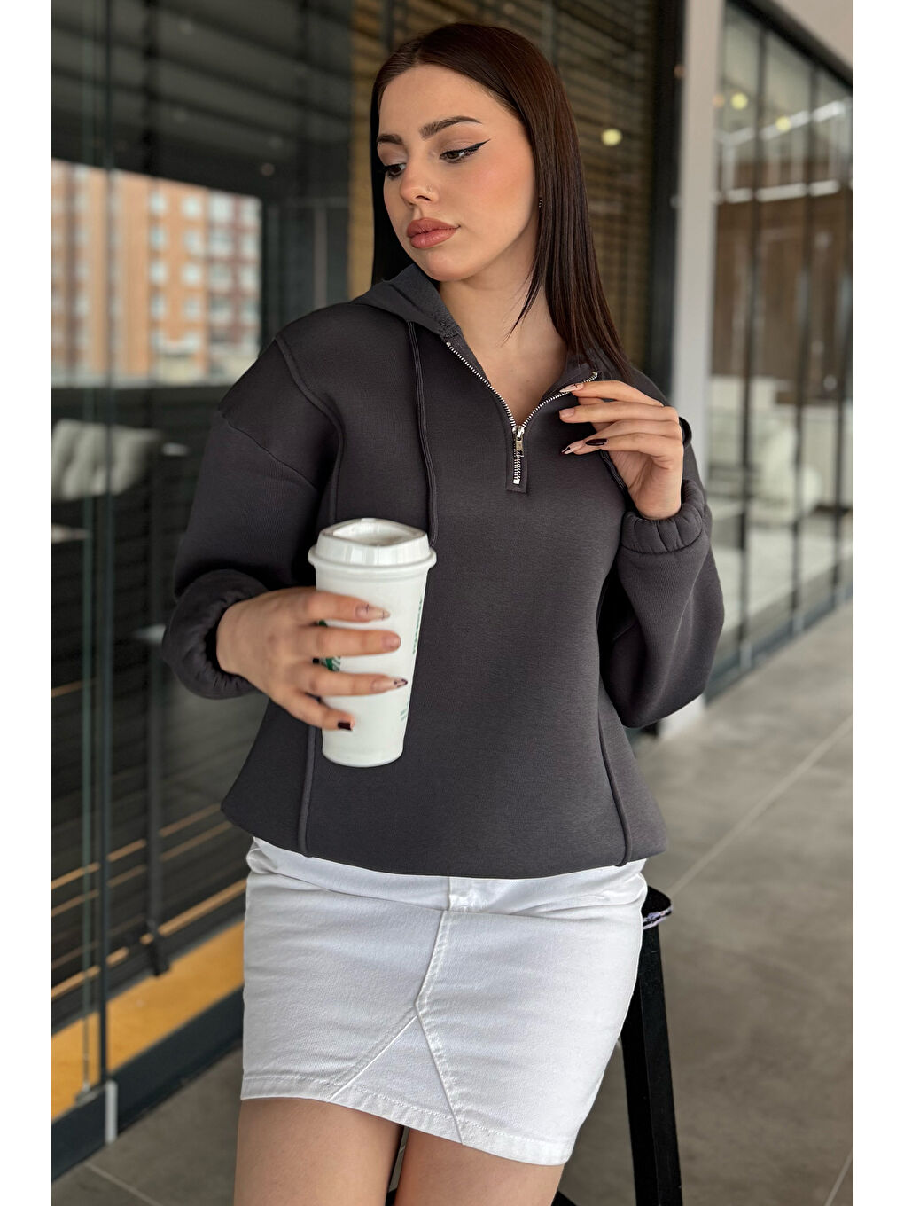 Gri Yarım Fermuarlı Üç İplik Şardonlu Kadın Sweatshirt