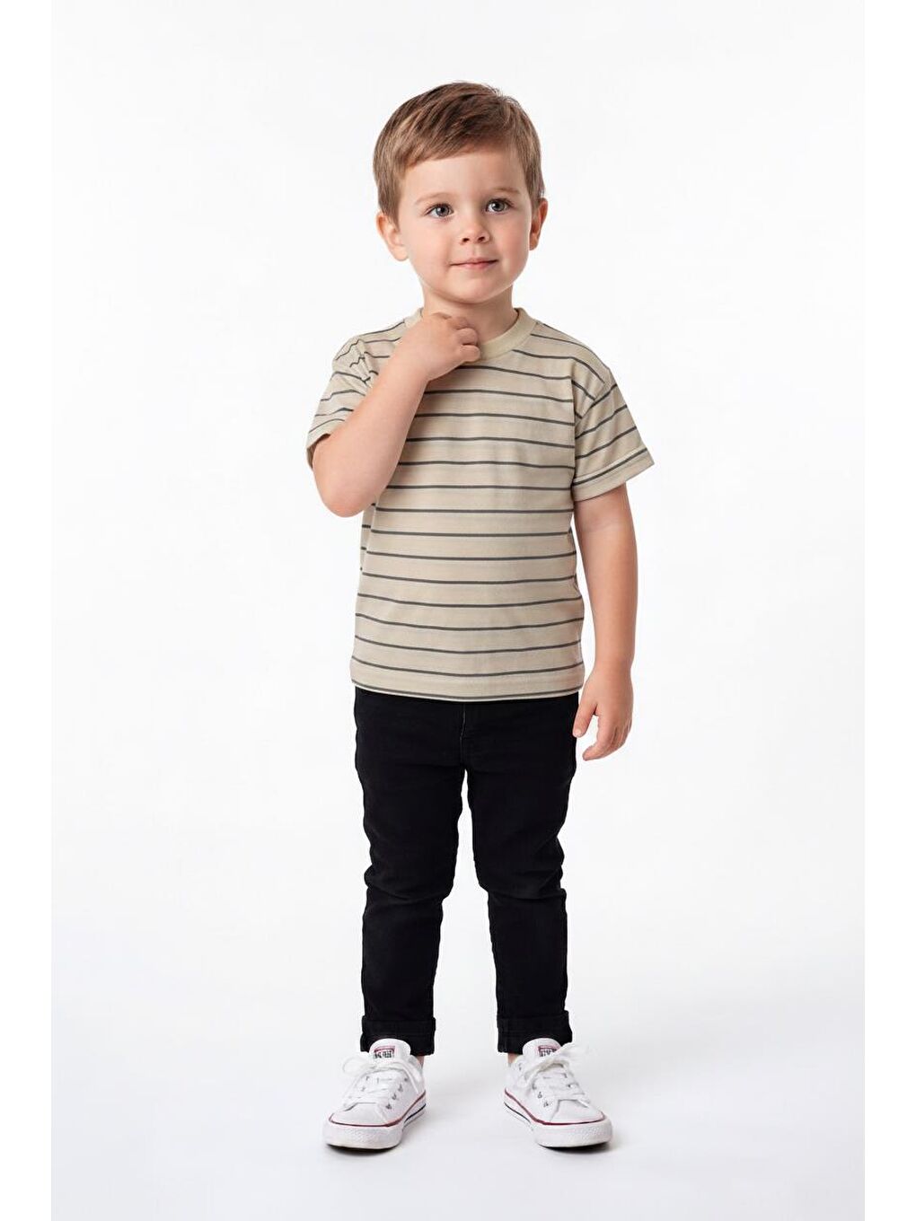 Bej Elastanlı Kabartma Çizgili 2li Tişört Paket-1