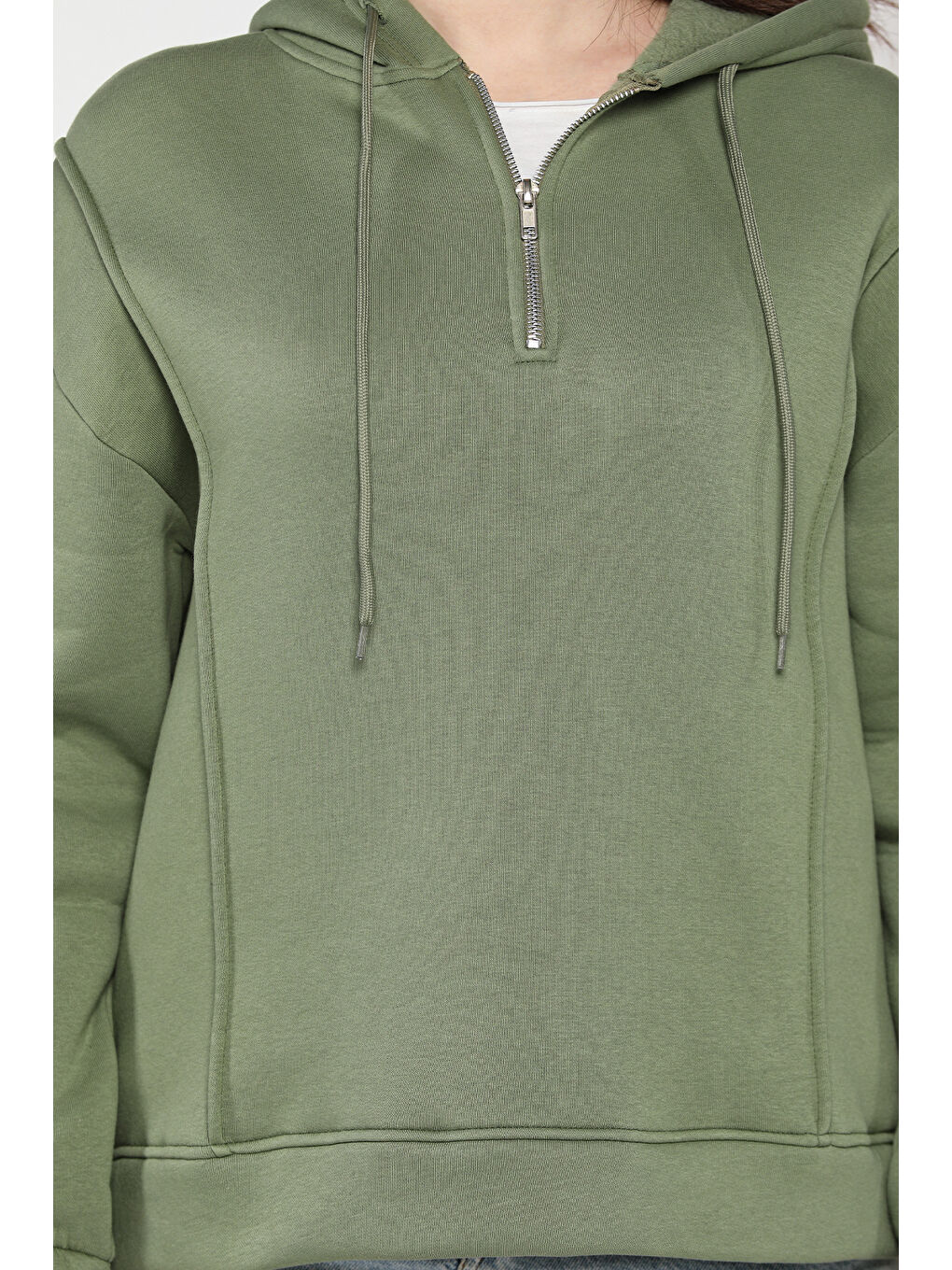 Haki Yarım Fermuarlı Üç İplik Şardonlu Kadın Sweatshirt-3