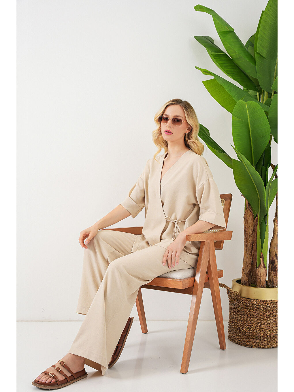 Kadın Önü Bağlamalı Alt Üst Takım 6745 - Bej-2