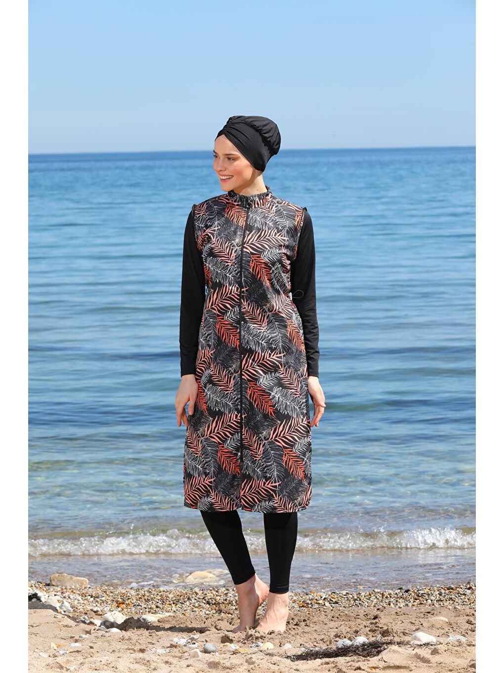 Siyah Dijital Baskılı Uzun Jile Model Kapalı Tesettür Mayo 3476-2