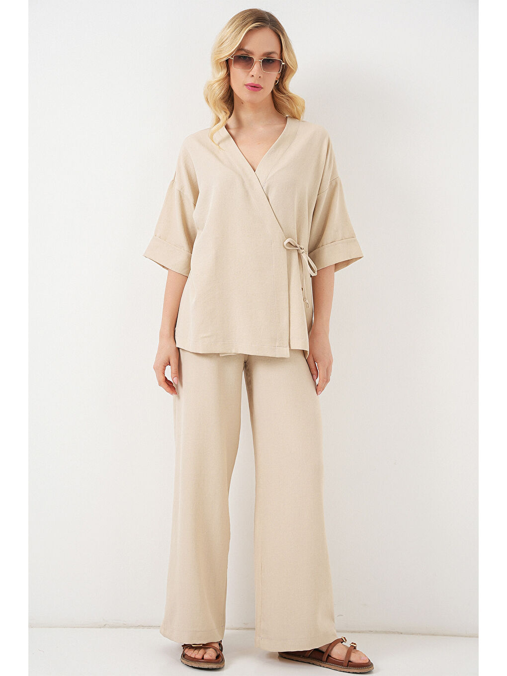 Kadın Önü Bağlamalı Alt Üst Takım 6745 - Bej-3