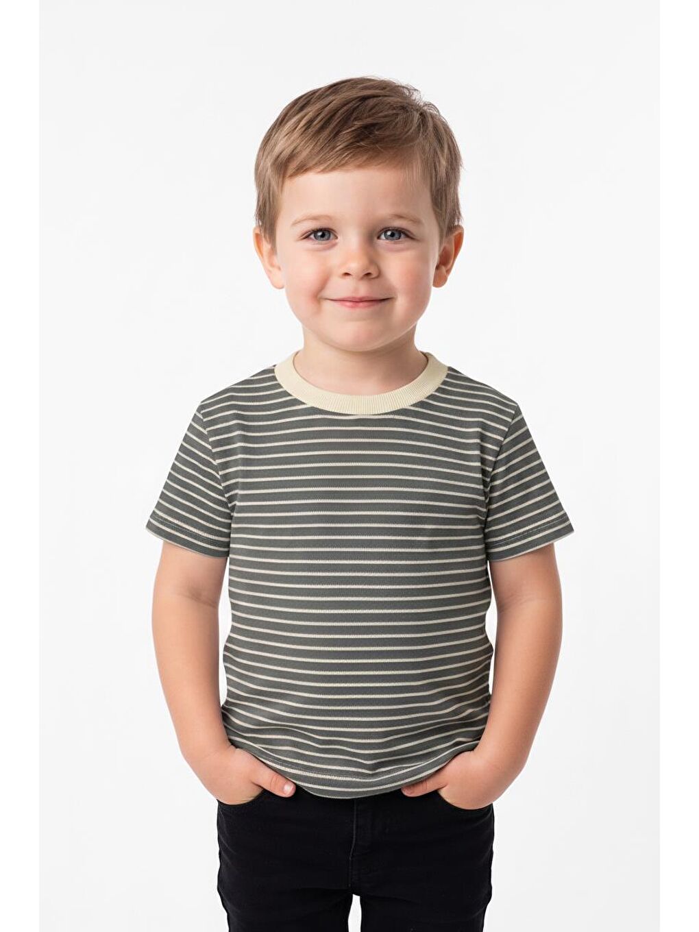 Bej Elastanlı Kabartma Çizgili 2li Tişört Paket-2