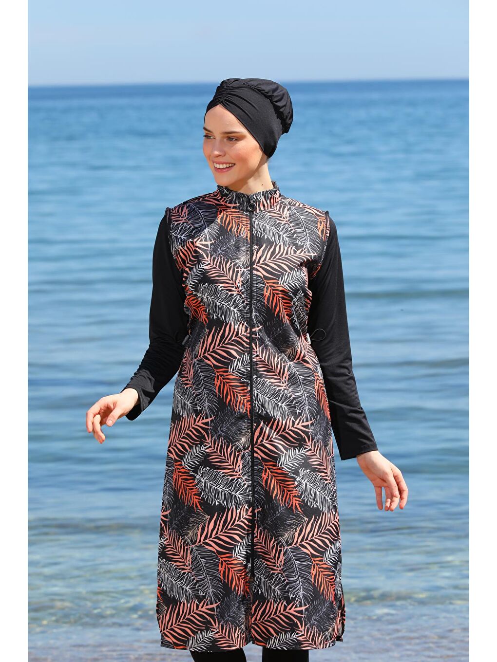 Siyah Dijital Baskılı Uzun Jile Model Kapalı Tesettür Mayo 3476-4