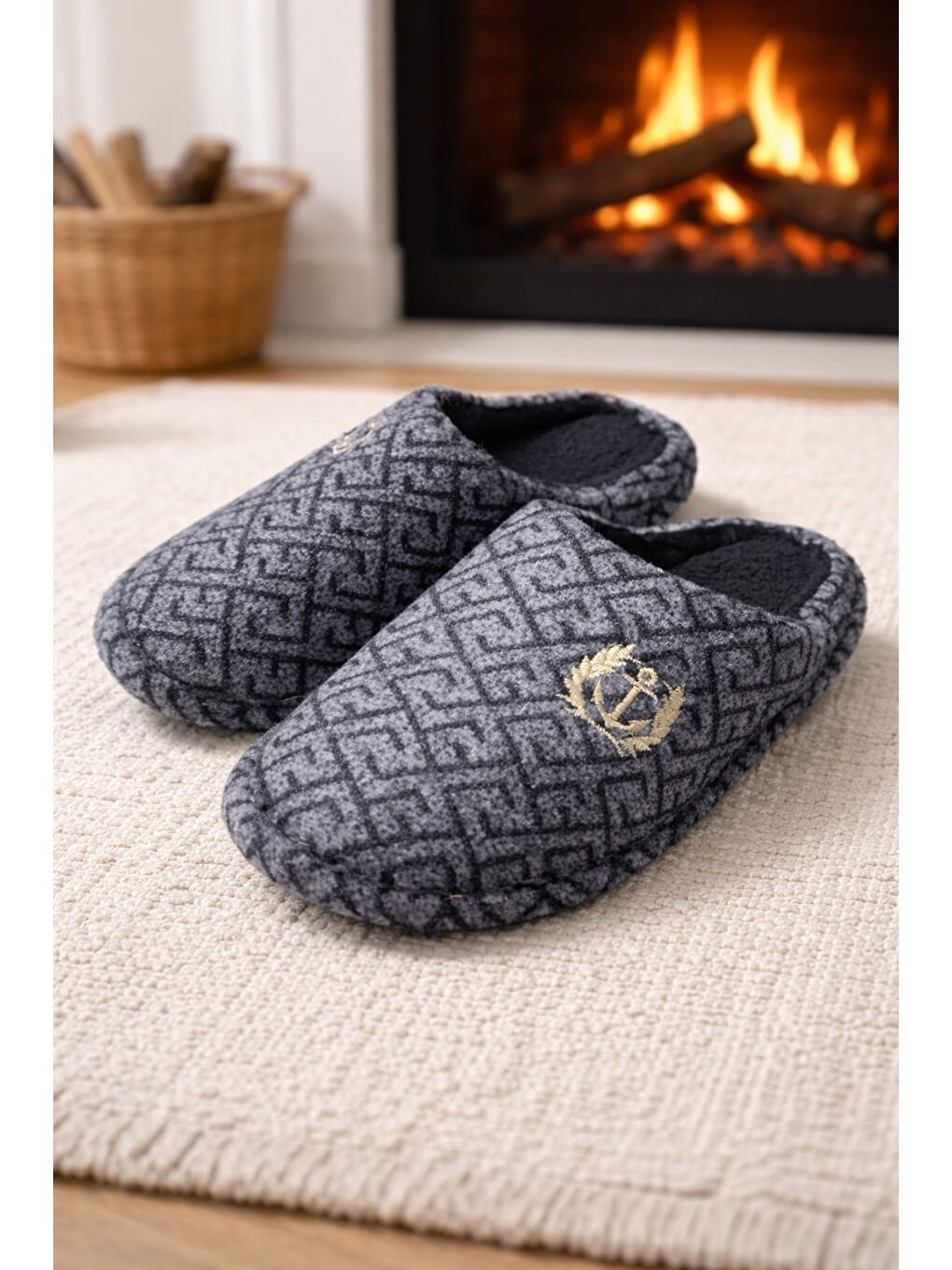 Siyah COMFORT Erkek Ev Terliği Ses Yapmayan Taban Yünlü Terlik-1