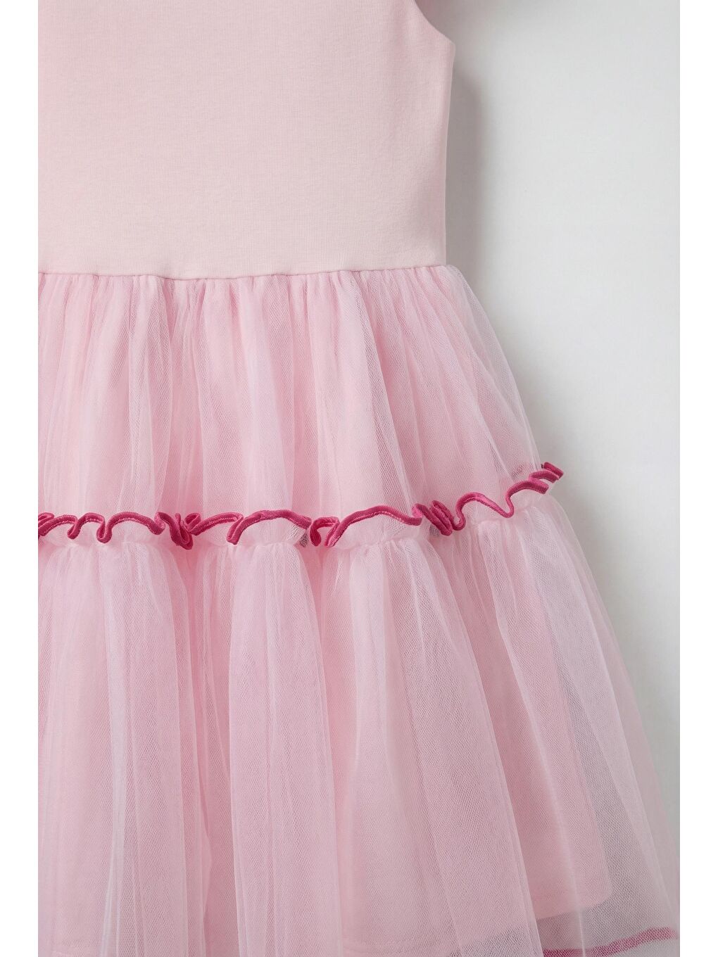 Kız Çocuk Pamuklu Pembe Tül Detaylı Fırfırlı Elbise-3