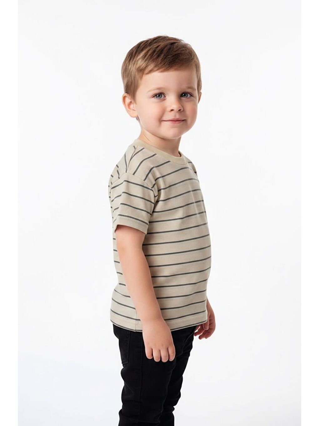 Bej Elastanlı Kabartma Çizgili 2li Tişört Paket-4