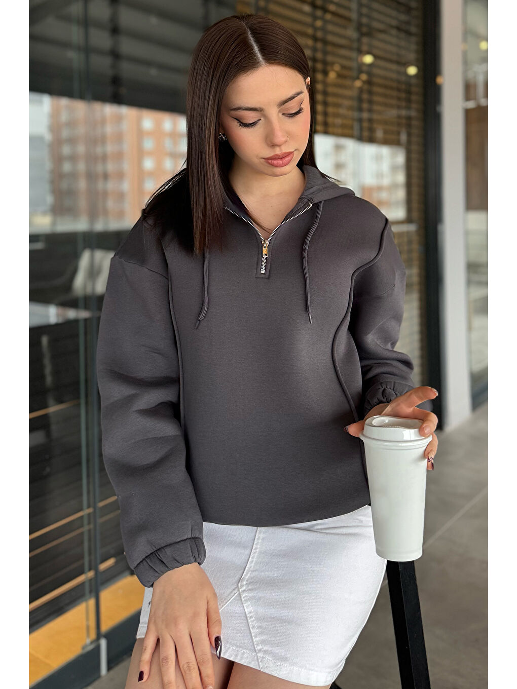 Gri Yarım Fermuarlı Üç İplik Şardonlu Kadın Sweatshirt-1