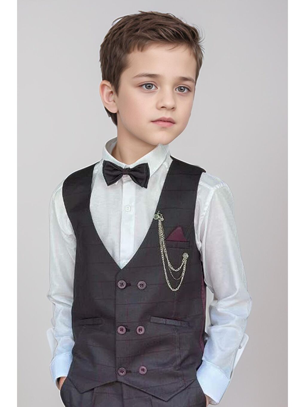 Erkek Çocuk Cepken Yelekli Ekose Desenli Mürdüm Çizgi Detaylı Takım Elbise 10-14 Yaş-1