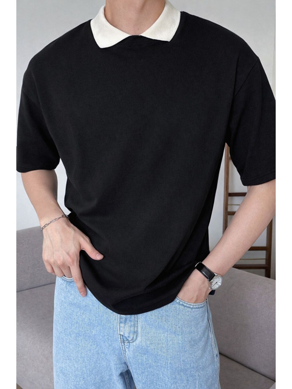 Siyah Erkek Kolej Yaka Tişört Kontrast Detaylı Casual Regular Polo Yaka T-shirt-1
