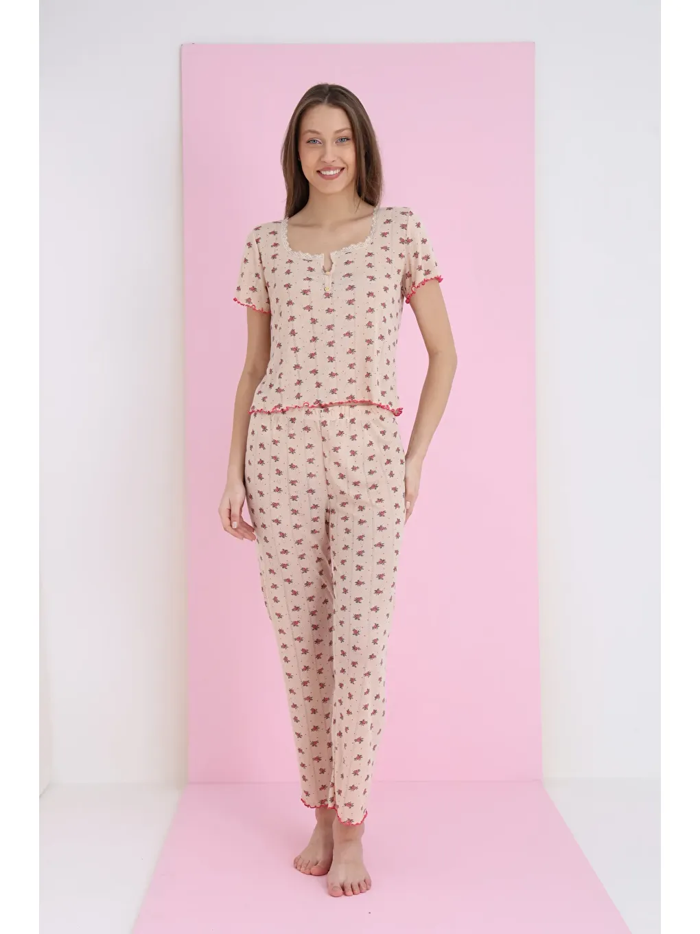 Kahverengi Jakarlı Viskon Dantelli Pijama Takım 7081-12-1