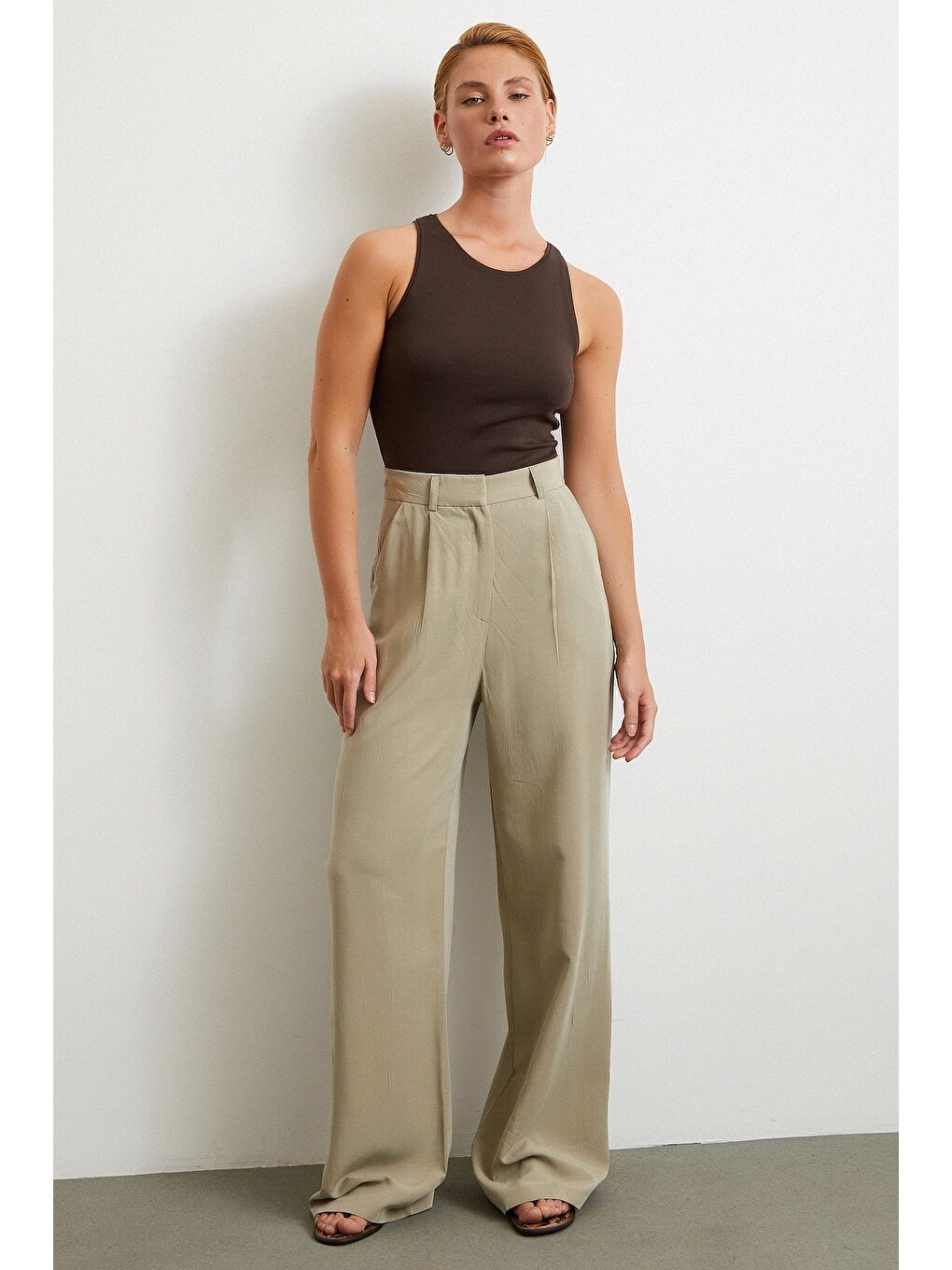 Keten Palazzo Pantolon Gri-3