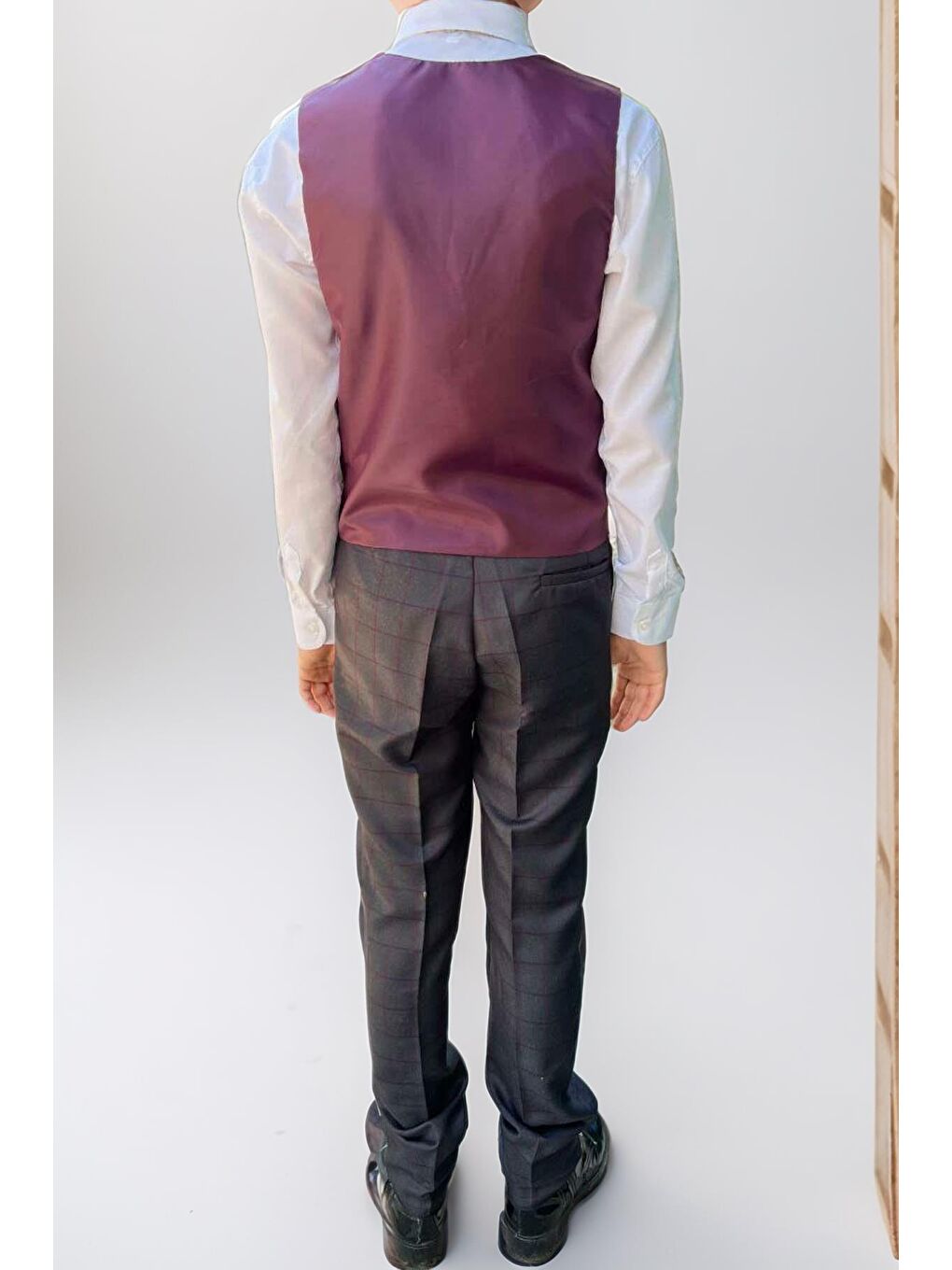 Erkek Çocuk Cepken Yelekli Ekose Desenli Mürdüm Çizgi Detaylı Takım Elbise 10-14 Yaş-2