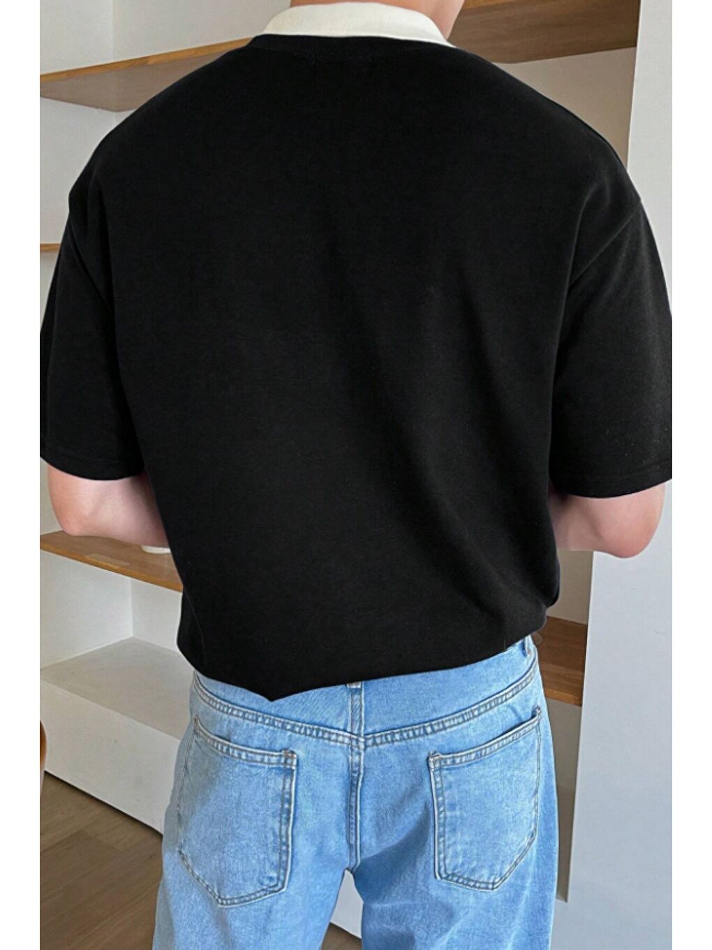 Siyah Erkek Kolej Yaka Tişört Kontrast Detaylı Casual Regular Polo Yaka T-shirt-2