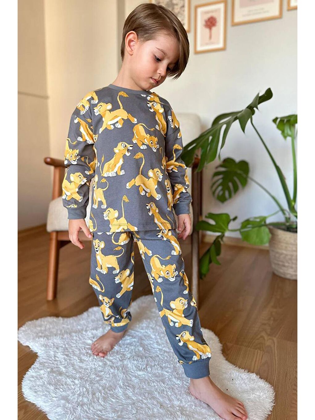 Erkek Çocuk Aslan Kral Baskılı Penye Gri Pijama Takım