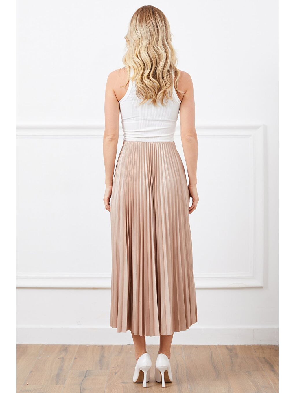 Bej Piliseli Beli Lastikli Etek-1