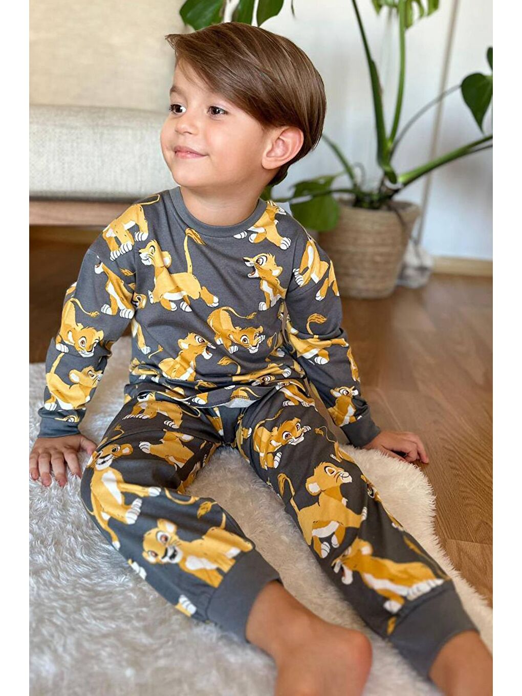 Erkek Çocuk Aslan Kral Baskılı Penye Gri Pijama Takım-1