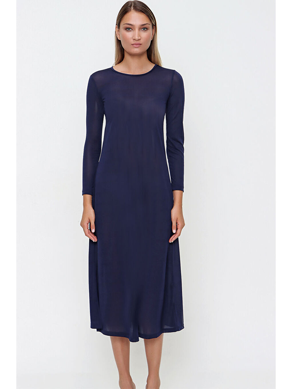 Lacivert Uzun Kollu Jüpon Elbise