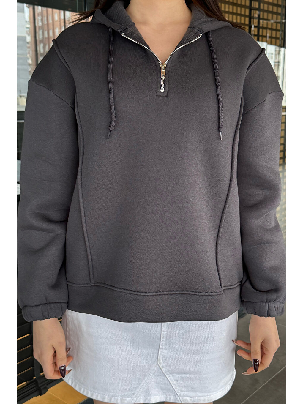 Gri Yarım Fermuarlı Üç İplik Şardonlu Kadın Sweatshirt-2