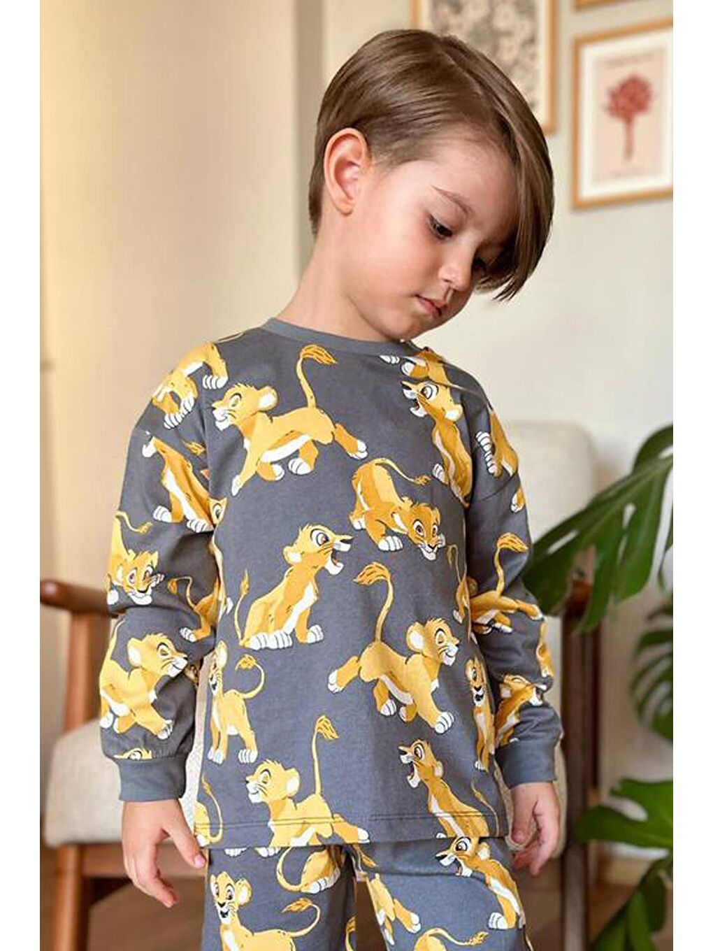 Erkek Çocuk Aslan Kral Baskılı Penye Gri Pijama Takım-2