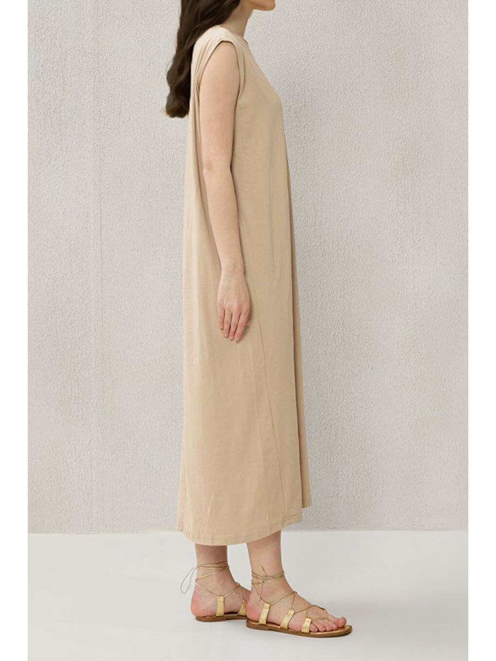 Elastanlı Sıfır Kol İçlik Elbise 01 Bej-3