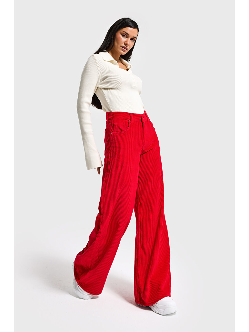 Kadın Kırmızı Renk Hera 26w5-19 Palazzo Fit Kalın Fitilli Velvet Kadife Kumaş Pantolon-1