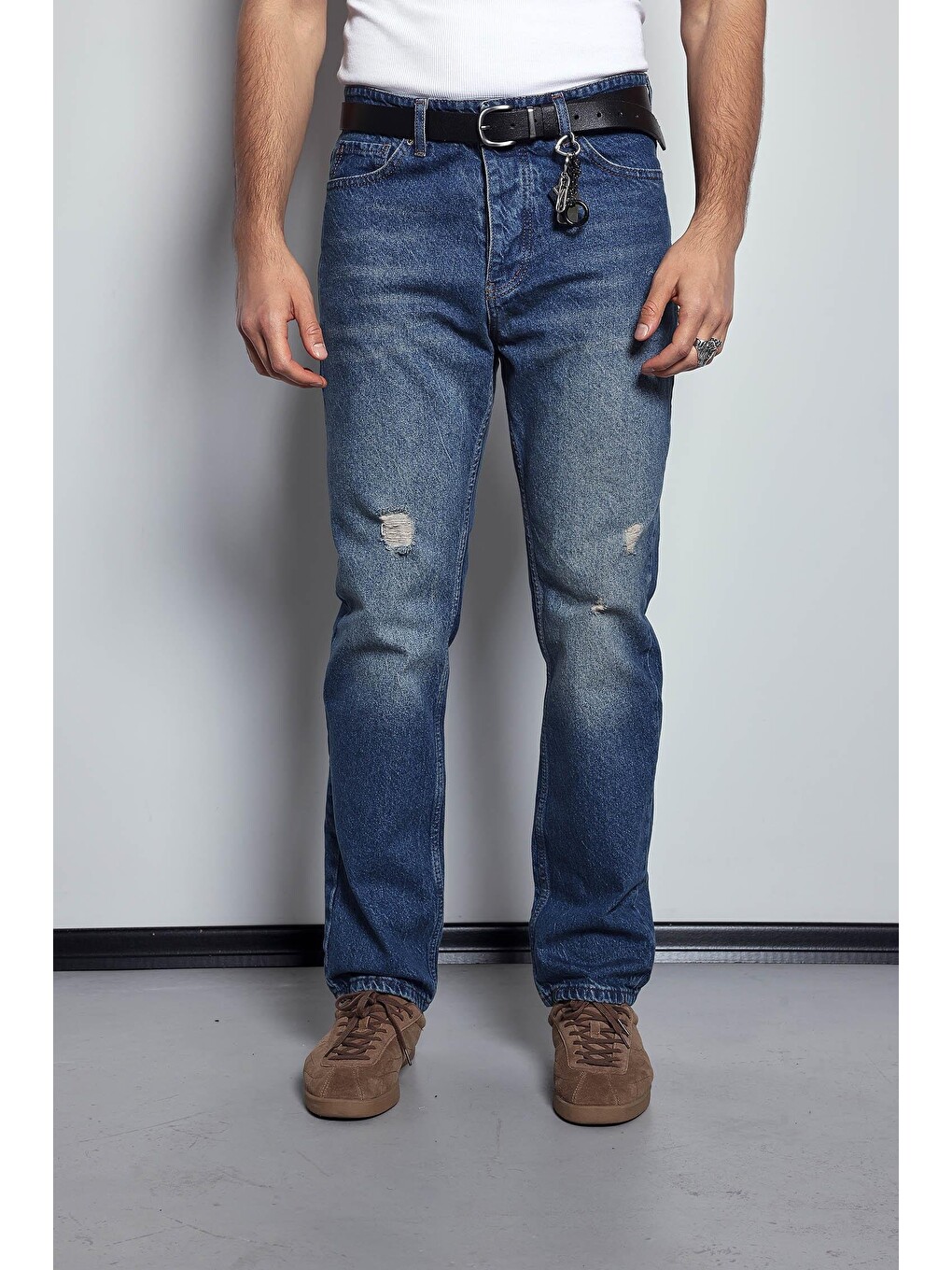 Erkek Baggy Fit Retro Jean Koyu Mavi