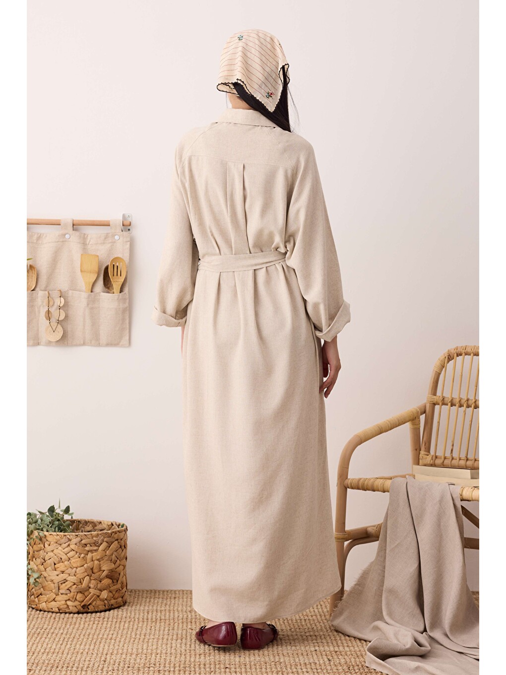 Bej Reglan Kol Keten Elbise Sedef-2