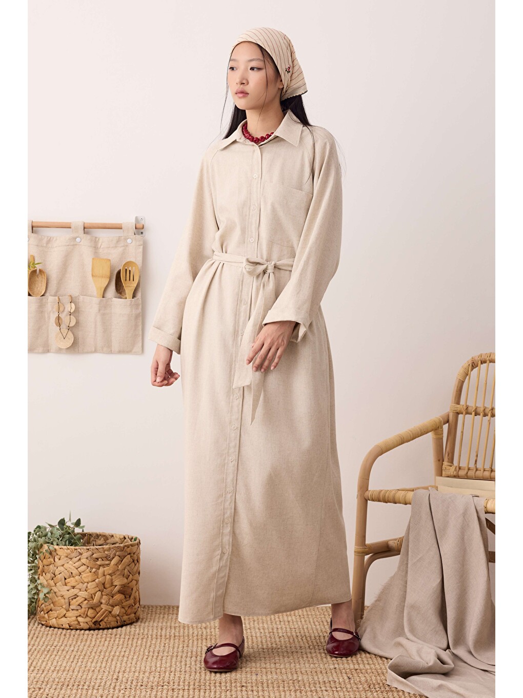 Bej Reglan Kol Keten Elbise Sedef-3