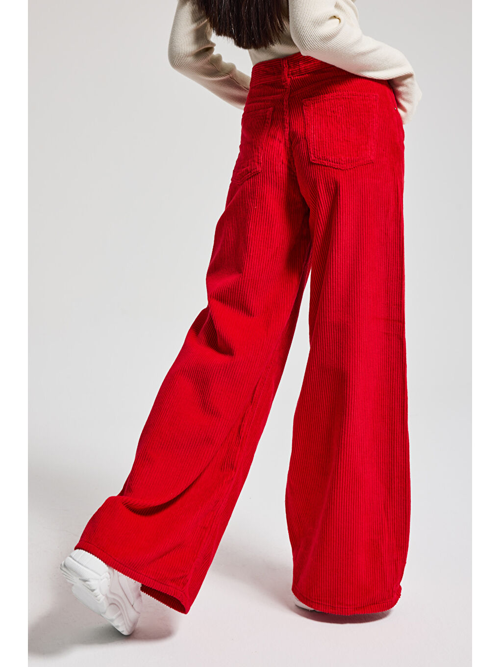 Kadın Kırmızı Renk Hera 26w5-19 Palazzo Fit Kalın Fitilli Velvet Kadife Kumaş Pantolon-4