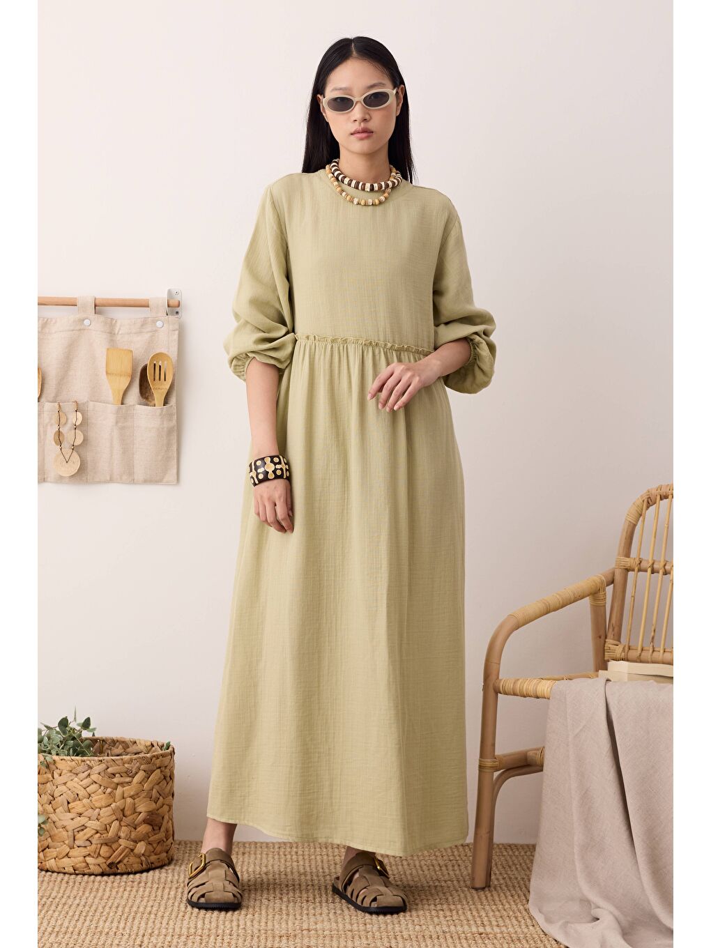 Yeşil Müslin Elbise Açık Adaçayı