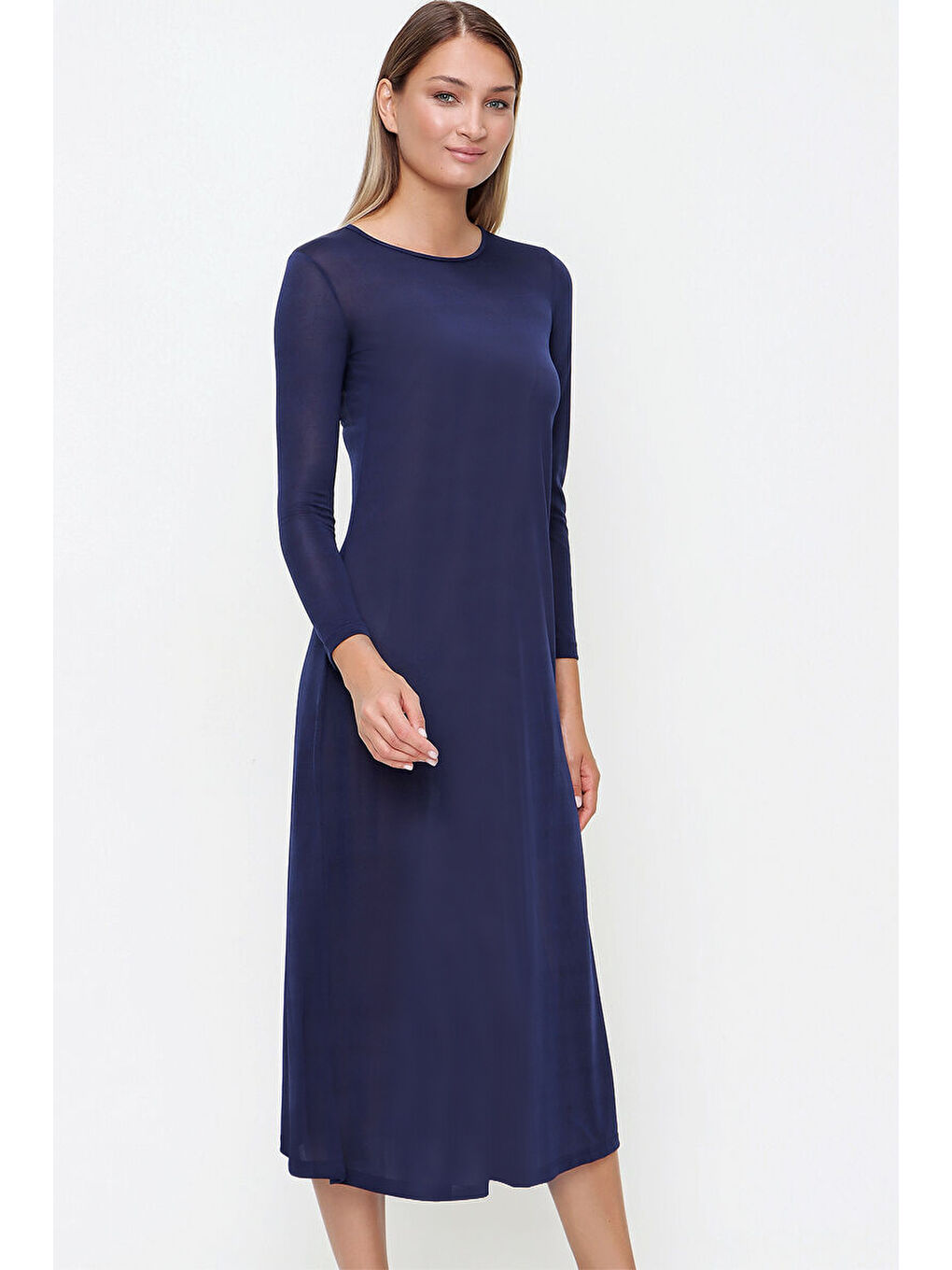 Lacivert Uzun Kollu Jüpon Elbise-1