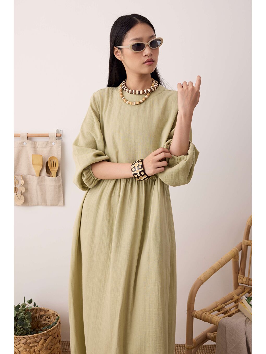 Yeşil Müslin Elbise Açık Adaçayı-1