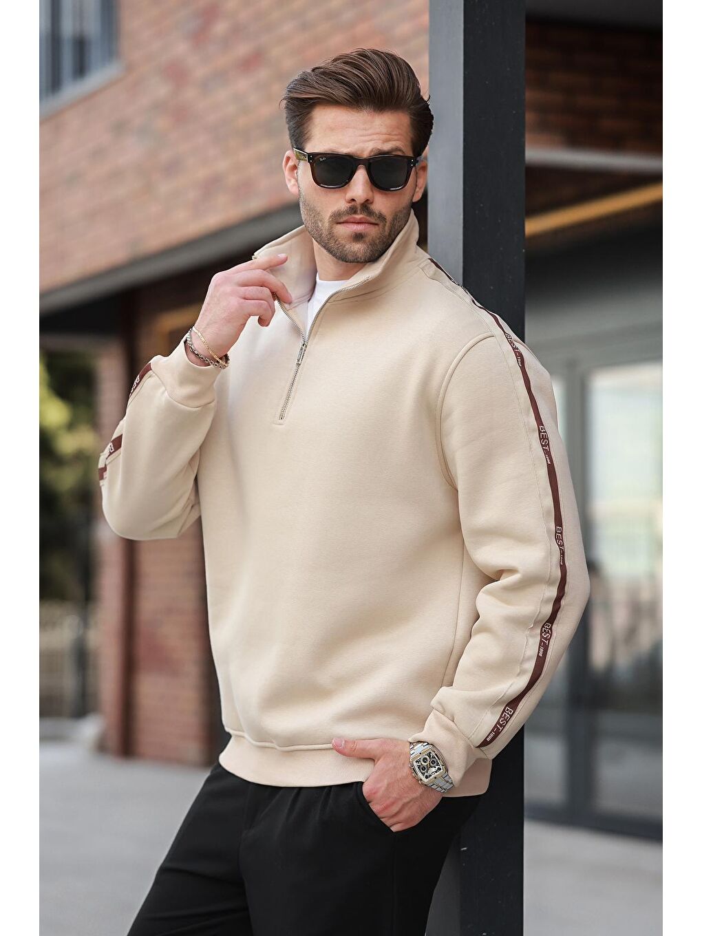 Bej Kahverengi Fermuarlı Dik Yaka Erkek Sweatshirt E7164